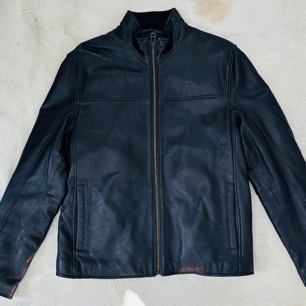 Cole Haan Men’s Genuine Leather Jacket — Black — Classic Zip-Front Moto Style